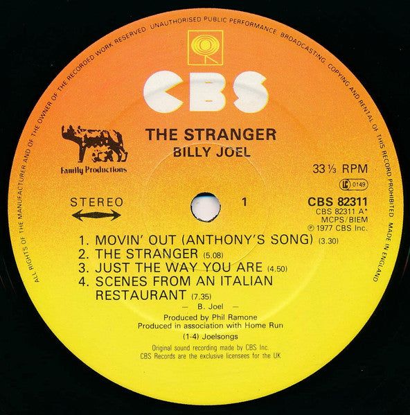 Image of Label Cover of LP - VG/VG+ - BILLY JOEL, The Stranger (CBS Sunburst Labels With Large Family Productions Logo & No Made In England; CBS 82311, UK 1977, Insert), ,  - 4316290C