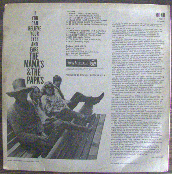 Image of Back Cover of LP - VG/VG - THE MAMAS AND THE PAPAS, If You Can Believe Your Eyes & Ears (RCA Victor Red Spot; RD7803, UK 1966, Laminated Front Sleeve, Mono), ,  - 4226208E