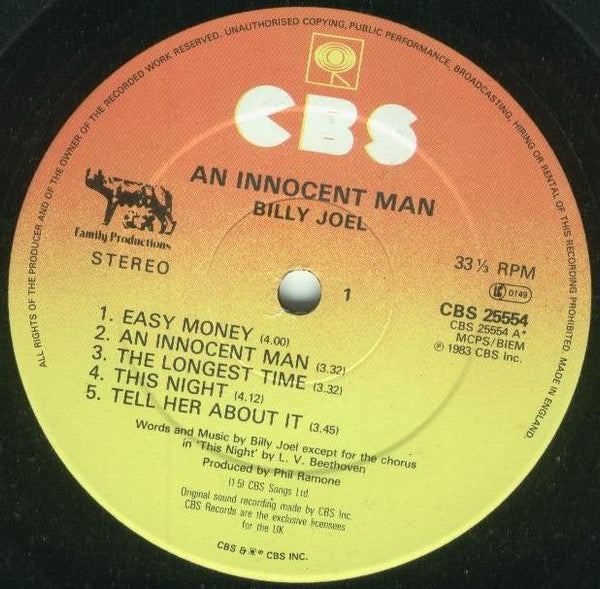 Image of Label Cover of LP - VG+/VG+ - BILLY JOEL, An Innocent Man (CBS Sunburst Labels With Large Family Productions Logo & CBS Text On Lower Label; CBS 25554, UK 1983, Inner), ,  - 4316291C