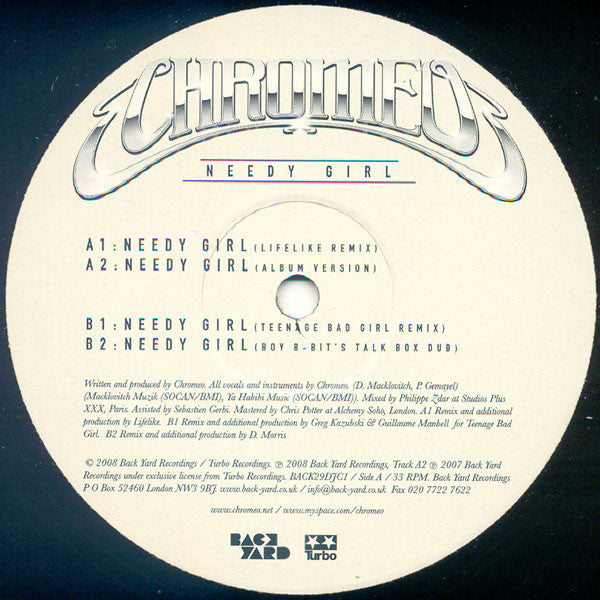 Image of Label Cover of 12" - VG+/VG+ - CHROMEO, Needy Girl (Back Yard Recordings; BACK29DJC1, UK 2008, Die Cut Picture Sleeve), ,  - 4326148E
