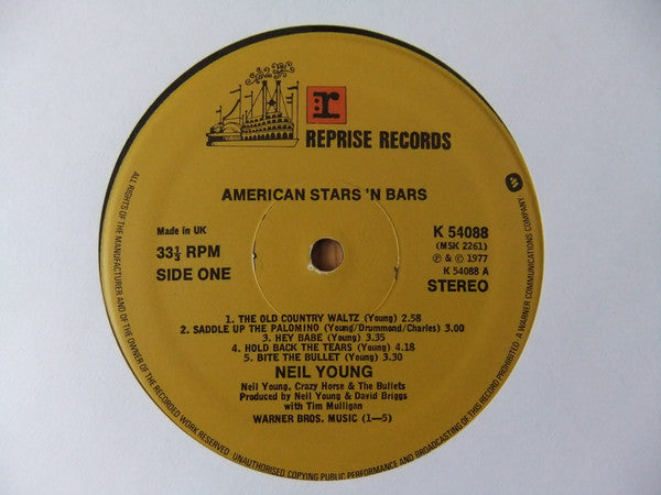 Image of Label Cover of LP - VG/G+ - NEIL YOUNG, American Stars 'N Bars (Reprise Records Steamboat Labels With W In Rim Text & Made In UK; K 54088, UK 1980s Reissue, Top Loading Sleeve Without Shorepak Mentioned), Light marks only,  - 4316294C