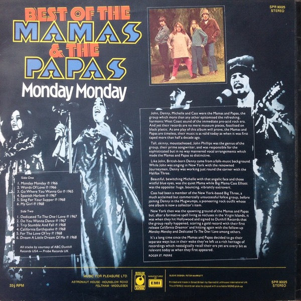 Image of Back Cover of LP - VG/VG - THE MAMAS & THE PAPAS, Best Of The Mamas & The Papas - Monday Monday (Sounds Superb Yellow Labels Without Courtesy Credits; SPR 90025, UK 1974, Laminated Front Sleeve), Strong VG,  - 4316297C