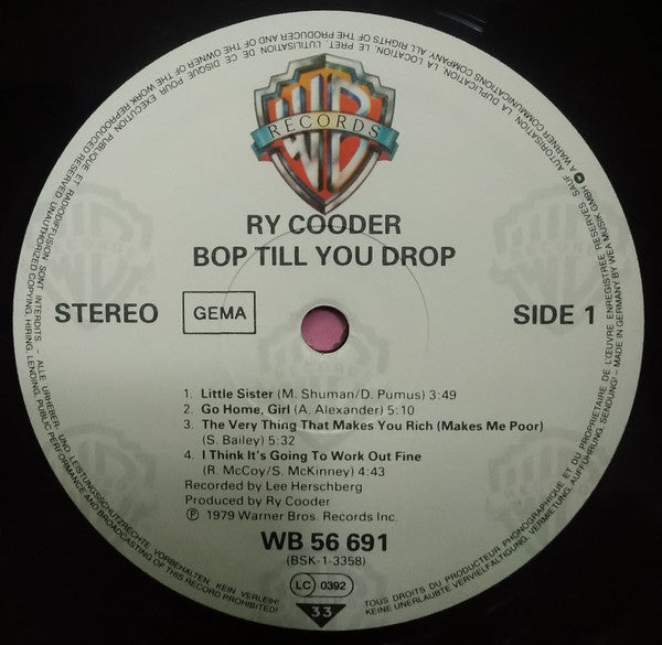 Image of Label Cover of LP - VG/VG+ - RY COODER, Bop Till You Drop (Warner Bros. Records White Labels With GEMA Box & Full Perimeter Rim Text; WB 56 691, Germany 1980s Reissue), ,  - 4316386C
