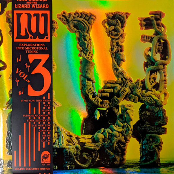 Image of Front Cover of LP - EX/EX - KING GIZZARD AND THE LIZARD WIZARD, L.W. (Explorations Into Microtonal Tuning Volume 3) (Flightless; FLT-066, Australia 2021, 3D sculptured embossed sleeve printed on rainbow mirror board, Inner, Limited Edition, Gold [Golden Delicious]), ,  - 4346152S