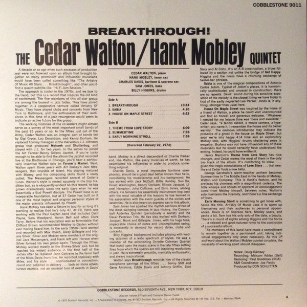 Image of Back Cover of LP - VG+/VG - THE CEDAR WALTON / HANK MOBLEY QUINTET, Breakthrough (Cobblestone; CST 9011, US 2014 Reissue), Light marks, still in opened shrinkwrap,  - 4346073S