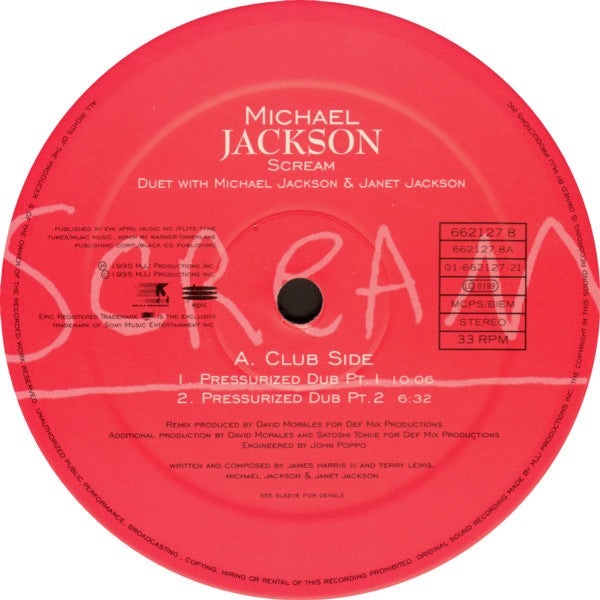 Image of Label Cover of 12" - VG+/VG+ - MICHAEL JACKSON & JANET JACKSON, Scream (The Remixes By David Morales And Naughty By Nature) (Epic; 662127 8, UK 1995, Picture Sleeve), Nice clean copy with hype sticker!,  - 4316435C