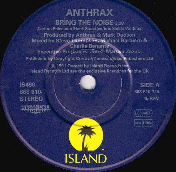 Image of Label Cover of 7" - VG/VG - ANTHRAX FEATURING CHUCK D, Bring The Noise (Island Records; IS 490, UK 1991, Picture Sleeve, Single Sided, Etched), ,  - 4316415C