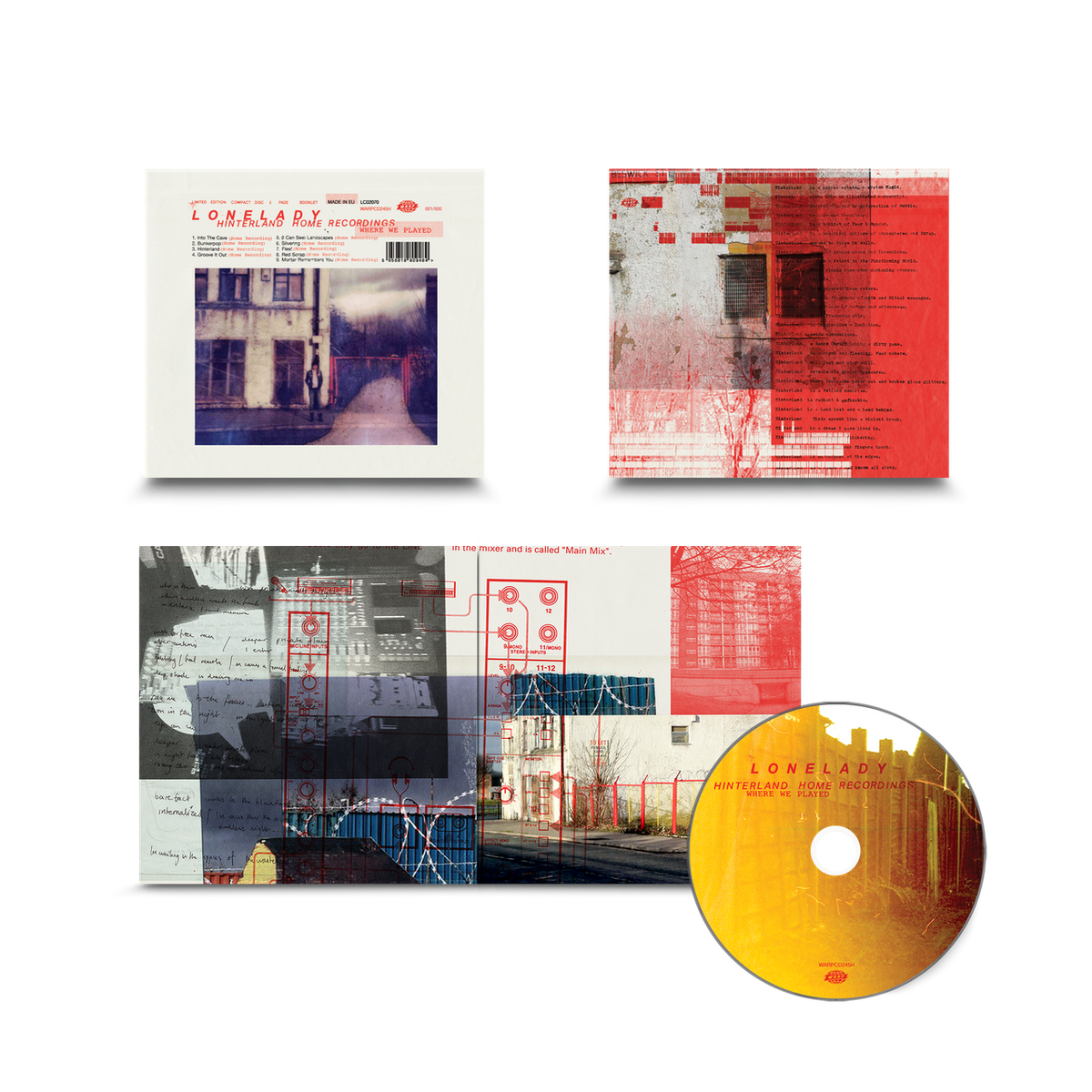 Image of Front Cover of CD - NEW/NEW - LONELADY, Hinterland Home Recordings (Warp Records; WARPCD245H, UK 2027, Four Panel Card Wallet, 8 Page Booklet), , A collection of Julie Campbell’s original Manchester bedroom recordings of the songs from LoneLady’s 2015 album Hinterland, recorded between 2011 and 2013. Mastered by Bill Skibbe, with new artwork by Patrick Savile. - 9419925C