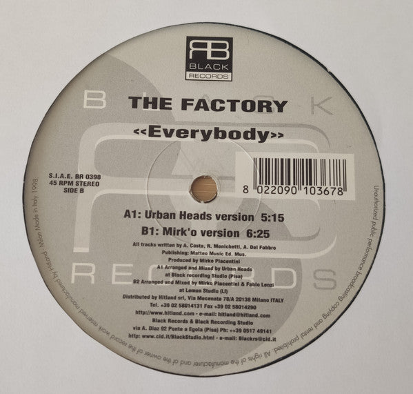 Image of Front Cover of 12" - /VG - THE FACTORY, Everybody (Black Records ; BR 0398, Italy 1998), Light marks. Pressing flaw on B-side. Star sticker on label, A	Everybody (Urban Heads Version)B	Everybody (Mirk'o Version) - 4316450C