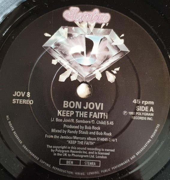 Image of Label Cover of 7" - VG/VG - BON JOVI, Keep The Faith (Jambco Paper Labels; JOV 8, UK 1992, Picture Sleeve), Strong VG throughout.,  - 4316420C