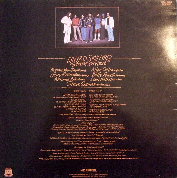 Image of Back Cover of LP - VG/VG - LYNYRD SKYNYRD, Street Survivors (MCA Records Rainbow Labels  With Raised Rim; MCL 1694, UK 1982 Reissue), Strong VG Disc, Very light hairlines, Sleeve has wear to all edges,  - 4316389C
