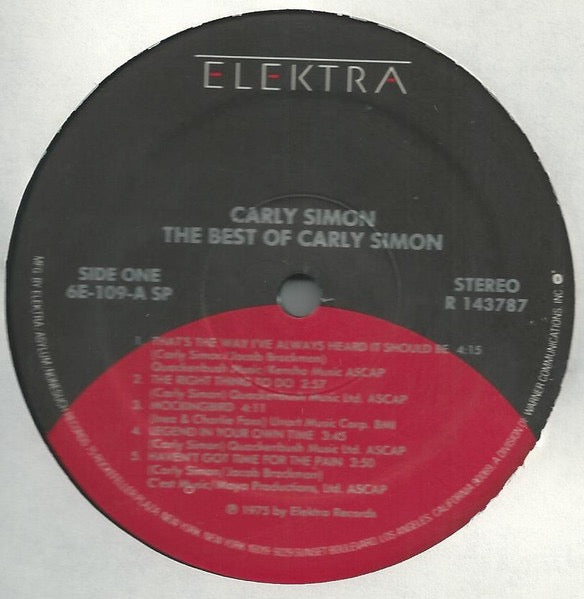Image of Label Cover of LP - VG/VG+ - CARLY SIMON, The Best Of Carly Simon (Elektra; 6E-109, US 1970s Reissue, Inner), ,  - 4316390C