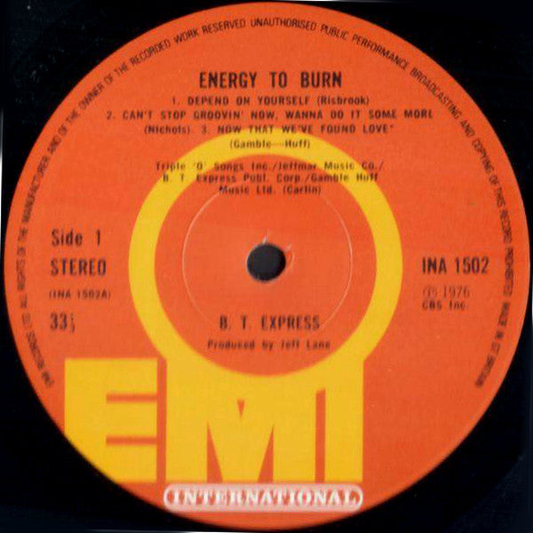 Image of Label Cover of LP - VG/G+ - B.T. EXPRESS, Energy To Burn (EMI International; INA 1502, UK 1976, Inner), Marks on disc. Plays above grade. Light ringwear.,  - 4326169E