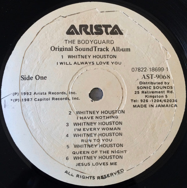 Image of Label Cover of LP - VG/VG - VARIOUS, The Bodyguard (Original Soundtrack Album) (Arista; 07822-18699-1, Jamaica 1992, Label variant: text is red not black), A few light scratches not feelable, edge wear,  - 4346208S