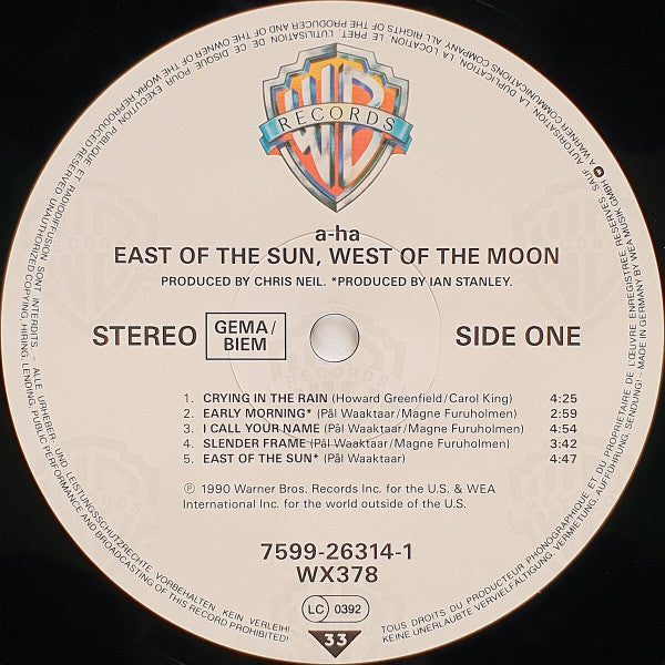 Image of Label Cover of LP - VG/VG - A-HA, East Of The Sun, West Of The Moon (Warner Bros. Records; 7599-26314-1, Europe 1990, Inner), Light marks,  - 4346222S