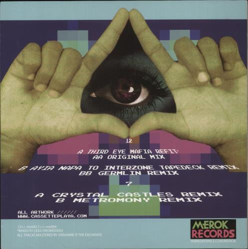 Image of Back Cover of 12" - VG+/VG - KLAXONS, Atlantis To Interzone (Remixes) (Merok Records; ME003, UK 2006, Picture Sleeve, Insert, With Red Transparent 7"), 12" has a couple of minor marks, 7" is a little more marked, 12"	A	Atlantis To Interzone (Third Eye Mafia Refit)AA	Atlantis To Interzone (Original Mix)B	Atlantis To Interzone (Ayia Napa To Interzone Tapedeck Remix)BB	Atlantis To Interzone (Germlin Remix)7"C	Atlantis To Interzone (Crystal Castles Remix)D	Atlantis To Interzone (Metromony Remix