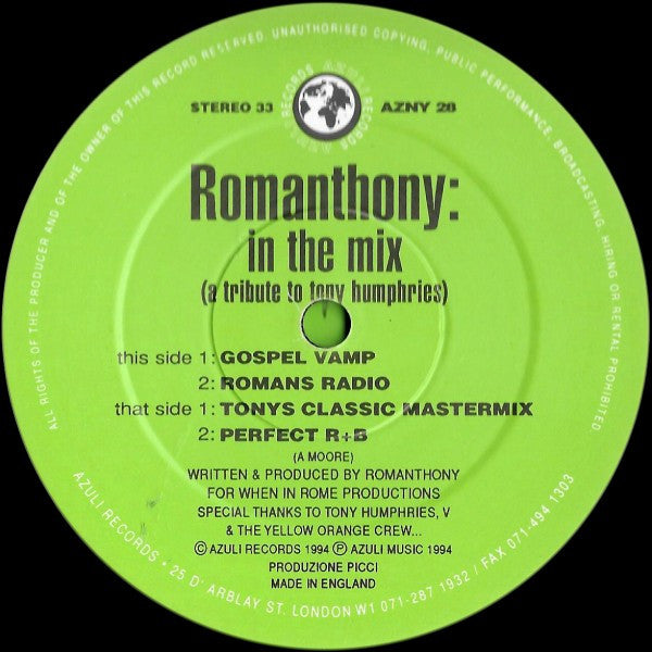 Image of Back Cover of 12" - VG/VG - ROMANTHONY, In The Mix (A Tribute To Tony Humphries) (Azuli Records; AZULI 28, UK 1994, Die Cut Picture Sleeve), ,  - 4326260E