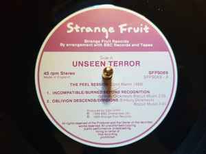 Image of Label Cover of 12" EP - VG/VG+ - UNSEEN TERROR, The Peel Sessions (Strange Fruit; SFPS069, UK 1989, Shane from Napalm Death), Edge & Ring Wear, inc Strange Fruit catalogue,  - 4346236S