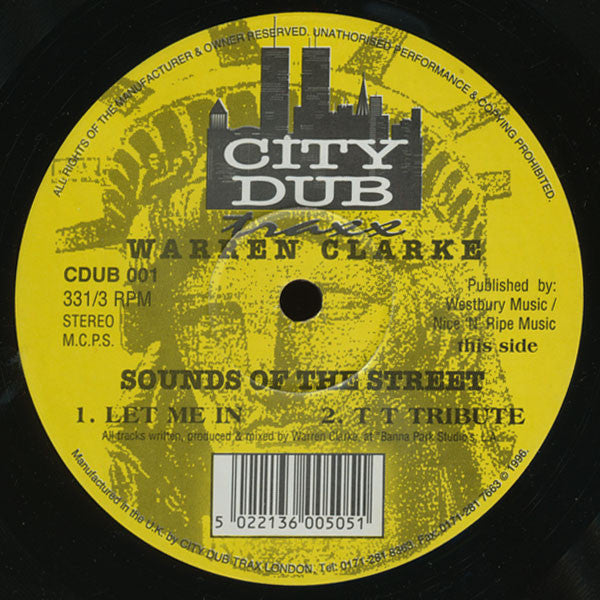 Image of Front Cover of 12" - /G+ - WARREN CLARKE, Sounds Of The Street (City Dub Traxx; CDUB 001, UK 1996, Plain Sleeve), Strong G+, light marks only. WOS.,  - 4326265E