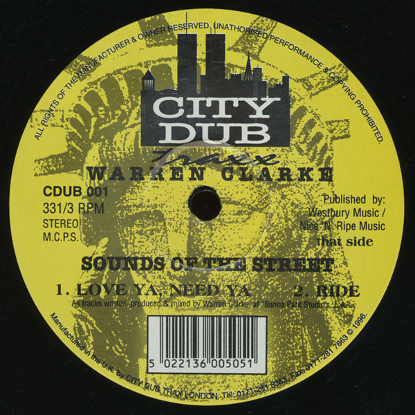 Image of Back Cover of 12" - /G+ - WARREN CLARKE, Sounds Of The Street (City Dub Traxx; CDUB 001, UK 1996, Plain Sleeve), Strong G+, light marks only. WOS.,  - 4326265E