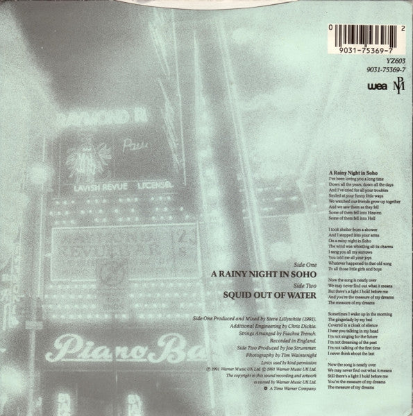 Image of Back Cover of 7" - VG/VG+ - THE POGUES, A Rainy Night In Soho (WEA; YZ603, UK 1991, Picture Sleeve), Small promo sticker on rear of sleeve.,  - 4316473C