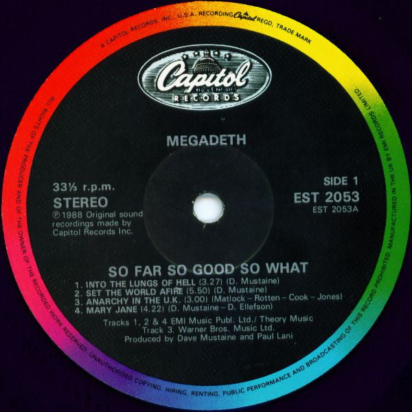 Image of Label Cover of LP - VG/VG - MEGADETH, So Far, So Good... So What! (Capitol Records; EST 2053, UK 1988, Inner, No Poster, 33  On Labels.), Strong VG,  - 2846264S
