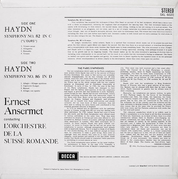 Image of Back Cover of LP - VG/VG - ERNEST ANSERMET, L'ORCHESTRE DE LA SUISSE ROMANDE, Haydn: L'Ours (Decca Black Unboxed Wideband - Original Recording at 11 O'Clock - Grooved ED1; SXL 6020, UK 1962, Laminated Flipback Sleeve), Plays Well,  - 4326195E