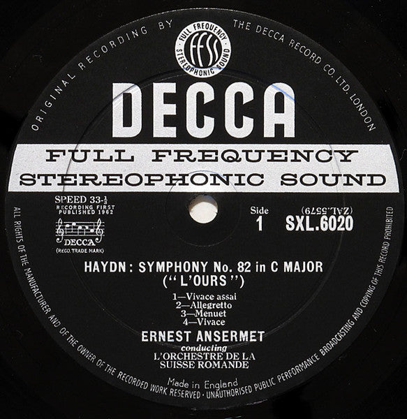 Image of Label Cover of LP - VG/VG - ERNEST ANSERMET, L'ORCHESTRE DE LA SUISSE ROMANDE, Haydn: L'Ours (Decca Black Unboxed Wideband - Original Recording at 11 O'Clock - Grooved ED1; SXL 6020, UK 1962, Laminated Flipback Sleeve), Plays Well,  - 4326195E