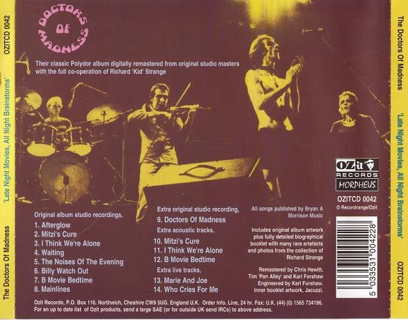 Image of Back Cover of CD - VG+/VG - DOCTORS OF MADNESS, Late Night Movies, All Night Brainstorms (Ozit Records; OZITCD 0042, UK Reissue, Jewel Case), ,  - 4316571C