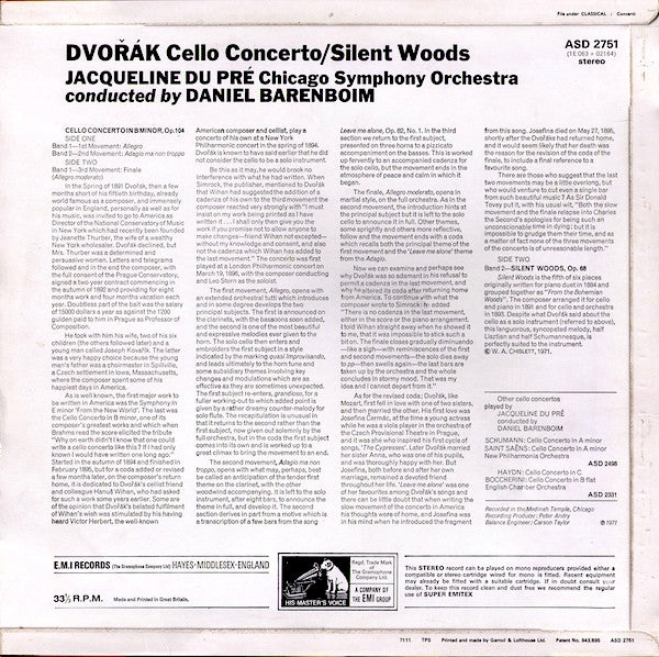 Image of Back Cover of LP - VG+/VG+ - JACQUELINE DU PRE, CHICAGO SYMPHONY ORCHESTRA, DANIEL BARENBOIM, Dvorak: Cello Concerto In B Minor & "Silent Woods" Adagio For Cello & Orchestra (HMV Red, Coloured Nipper Box; ASD 2751, UK , Laminated Flipback Sleeve), ,  - 4326197E