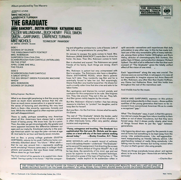 Image of Back Cover of LP - VG/VG - SIMON & GARFUNKEL, DAVE GRUSIN, The Graduate (Original Soundtrack) (CBS; 70042, UK Reissue), ,  - 4326229E