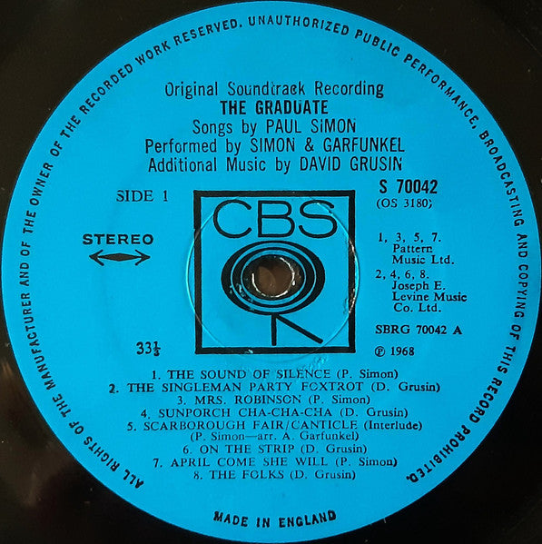 Image of Label Cover of LP - VG/VG - SIMON & GARFUNKEL, DAVE GRUSIN, The Graduate (Original Soundtrack) (CBS; 70042, UK Reissue), ,  - 4326229E