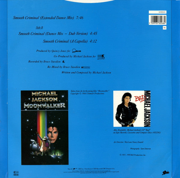 Image of Back Cover of 12" - VG/VG - MICHAEL JACKSON, Smooth Criminal (Extended Dance Mix) (Epic; 653026 8, UK 1988, Picture Sleeve), ,  - 4316657C