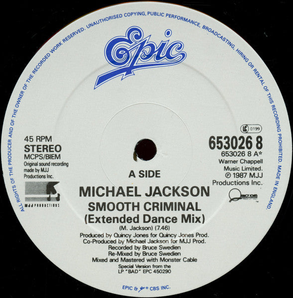 Image of Label Cover of 12" - VG/VG - MICHAEL JACKSON, Smooth Criminal (Extended Dance Mix) (Epic; 653026 8, UK 1988, Picture Sleeve), ,  - 4316657C