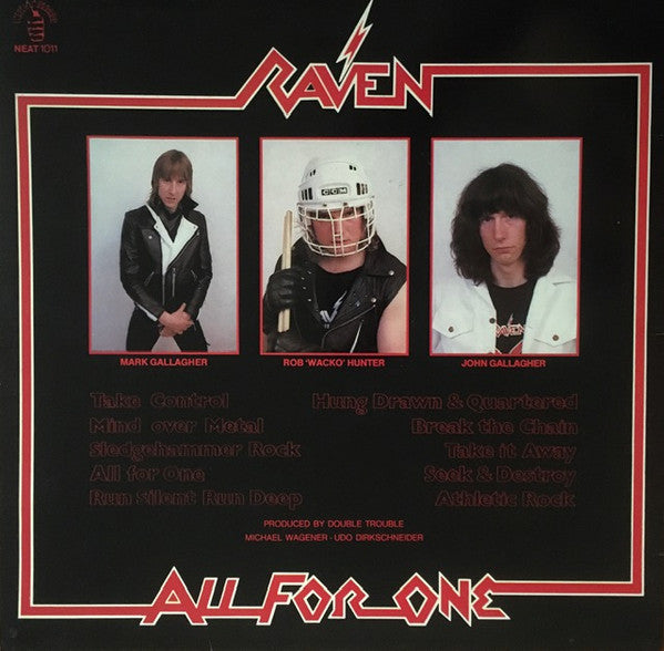 Image of Back Cover of LP - VG/VG+ - RAVEN, All For One (Neat Records; NEAT 1011, UK 1983, Inner), Edge Wear,  - 4346292S