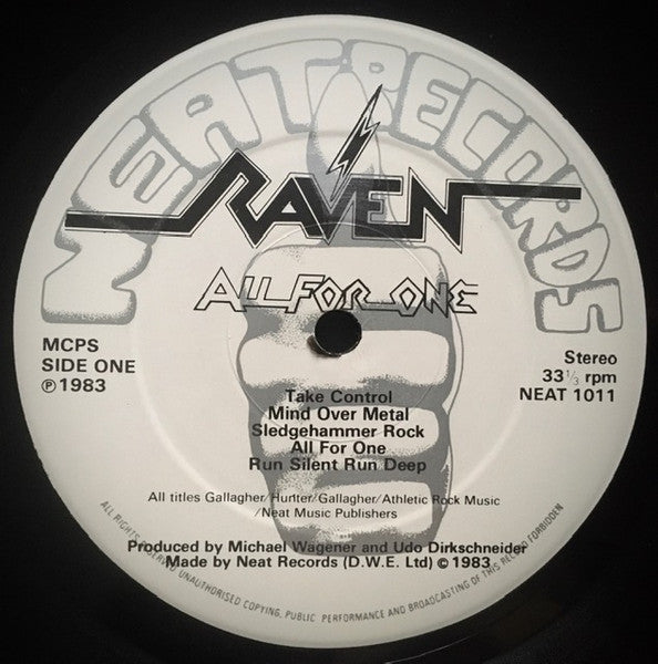 Image of Label Cover of LP - VG/VG+ - RAVEN, All For One (Neat Records; NEAT 1011, UK 1983, Inner), Edge Wear,  - 4346292S