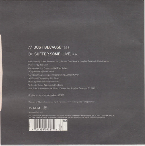 Image of Back Cover of 7" - VG/VG+ - JANE'S ADDICTION, Just Because (Parlophone; CL 847, UK 2003, Picture Sleeve), ,  - 4316632C
