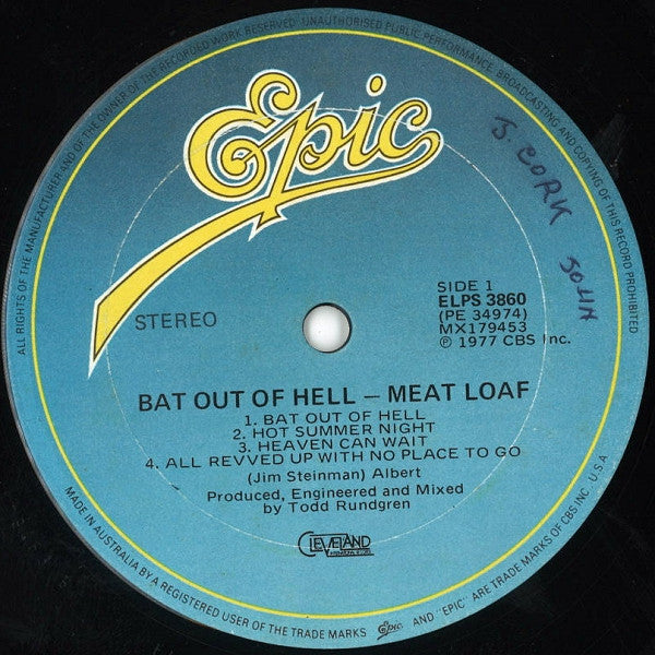 Image of Label Cover of LP - VG/VG - MEAT LOAF, Bat Out Of Hell (Epic; ELPS 3860, Australia 1977), ,  - 4326334E