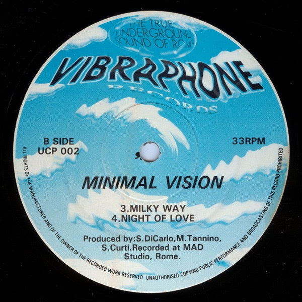 Image of Back Cover of 12" - /G+ - MINIMAL VISION, Minimal Vision (Vibraphone Records; UCP 002, UK 1992), Lots of light hairlines., A1		Magic StaircaseA2		PreludeB3		Milky WayB4		Night Of Love - 4316749C