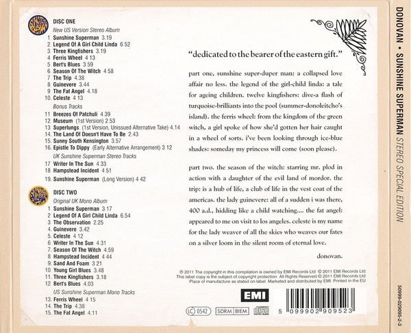 Image of Back Cover of 2xCD - VG+/VG+ - DONOVAN, Sunshine Superman (Stereo Special Edition) (EMI; 50999-029095-2-3, UK & Europe 2011 Reissue, Triple Gatefold, Booklet), ,  - 4316800C
