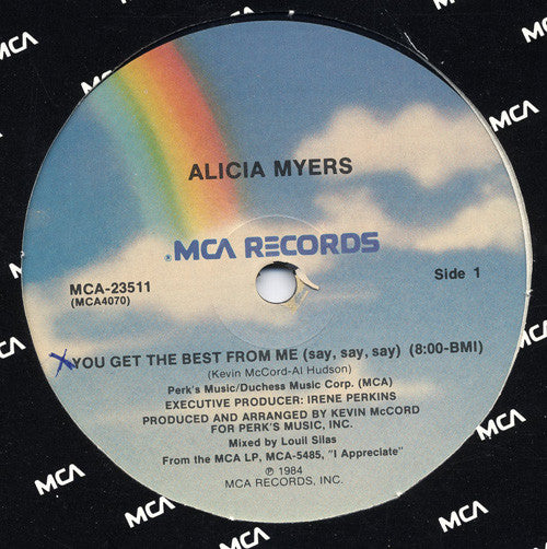 Image of Label Cover of 12" - VG/VG+ - ALICIA MYERS, You Get The Best From Me (Say, Say, Say) / I Want To Thank You (MCA Records; MCA-23511, US 1984, Picture Sleeve), ,  - 4346329S