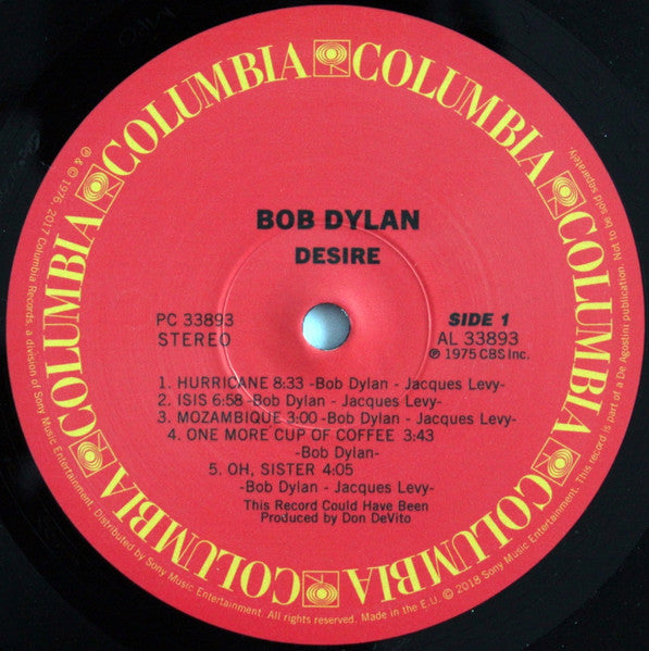Image of Label Cover of LP - VG+/VG+ - BOB DYLAN, Desire (Columbia; PC 33893, UK 2022 Reissue, Definitive Collection Insert, 180 Gram Vinyl), ,  - 4346306S