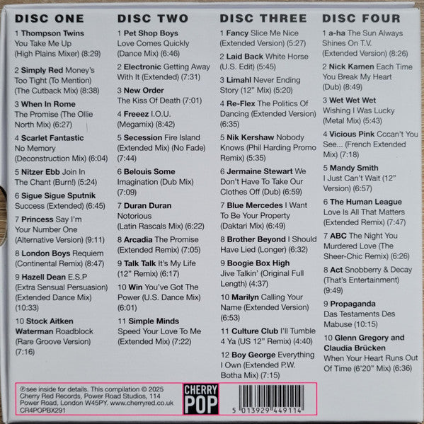 Image of Back Cover of 4xCD - M/M - VARIOUS, Cherry Pop Says Extended Stimulation (12" Pop Adventures On The Dancefloor 1983-1988) (Cherry Pop; CR4POPBX291, UK & Europe 2025, Box Set), ,  - 4336287E