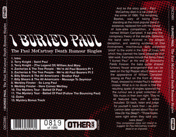 Image of Back Cover of CD - VG+/VG+ - VARIOUS, I Buried Paul (The Paul McCartney Death Rumour Singles) (Otherside; OSCD001, UK 2012, Jewel Case, Limited No. 66/1000), ,  - 4336293E