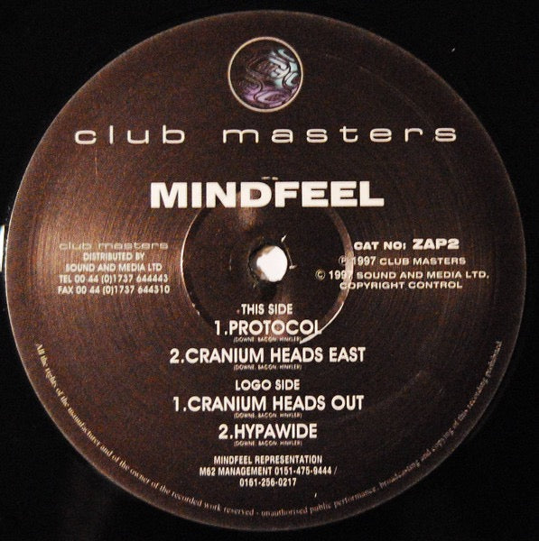Image of Back Cover of 12" - G+/G+ - MINDFEEL, Cranium Heads Out (Club Masters; ZAP2, UK 1997, Stickered Company Sleeve), Light marks close to VG, label peeling. Sleeve has split spine and marker on it.,  - 4316758C
