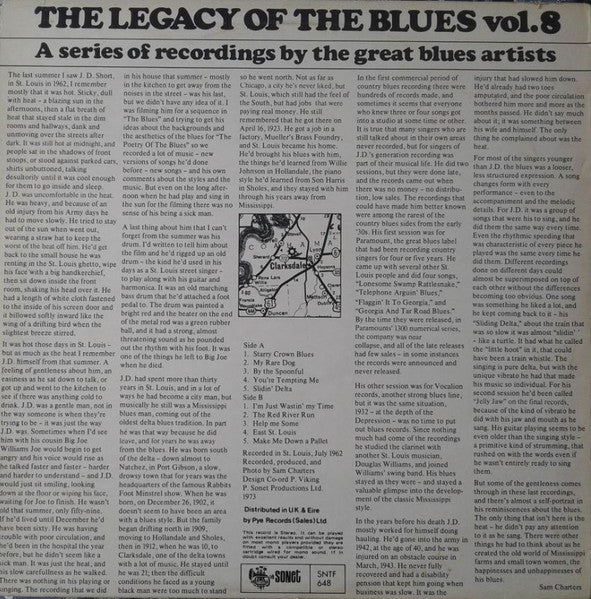 Image of Back Cover of LP - VG/VG - J. D. SHORT, The Legacy Of The Blues Vol. 8 (Sonet; SNTF 648, UK 1973, Laminated Sleeve), Hairlines and storage marks. Staining from tape to top and bottom edges of sleeve, laminate creasing, light edge wear.,  - 4346364S