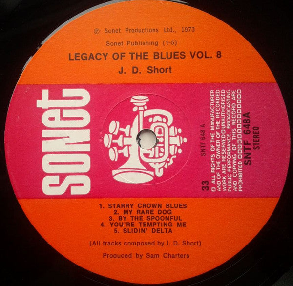 Image of Label Cover of LP - VG/VG - J. D. SHORT, The Legacy Of The Blues Vol. 8 (Sonet; SNTF 648, UK 1973, Laminated Sleeve), Hairlines and storage marks. Staining from tape to top and bottom edges of sleeve, laminate creasing, light edge wear.,  - 4346364S