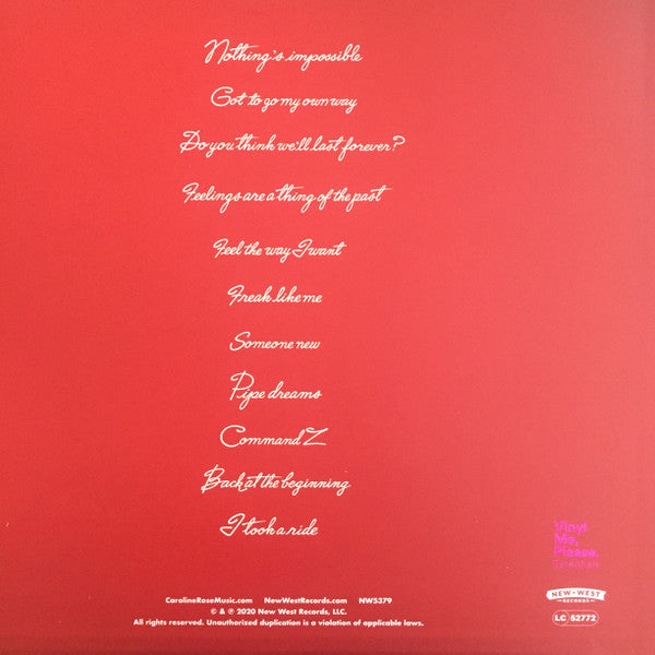 Image of Back Cover of LP - VG+/VG+ - CAROLINE ROSE, Superstar (New West Records / Vinyl Me Please; NW5379, US 2020, Pasteback Sleeve, Inner & Booklet, NO Print, Neon Pink Vinyl, NO Obi), ,  - 4446007S