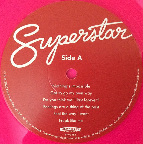 Image of Label Cover of LP - VG+/VG+ - CAROLINE ROSE, Superstar (New West Records / Vinyl Me Please; NW5379, US 2020, Pasteback Sleeve, Inner & Booklet, NO Print, Neon Pink Vinyl, NO Obi), ,  - 4446007S