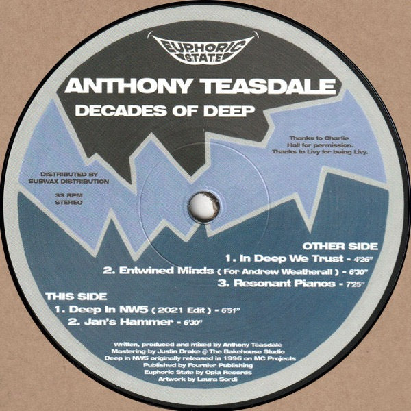 Image of Front Cover of 12" EP - /VG - ANTHONY TEASDALE, Decades of Deep (Euphoric State; EPHCS004, UK 2022), Strong VG., This Side	A1		Deep in NW5 (2021 Edit)A2		Jan's HammerOther Side	B1		In Deep We TrustB2		Entwined Minds (Andrew Weatherall Tribute)B3		Resonant Piano's - 4416031C